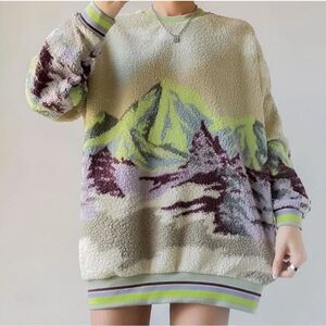 UO Out From Under Sherpa Sweatshirt Landscape Mountain Sherpa Crew Multicolor S